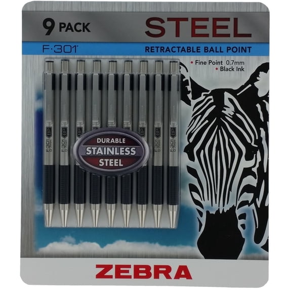 Zebra F-301 Ballpoint Retractable Pen, Black Ink, Fine Point - 9 Pens