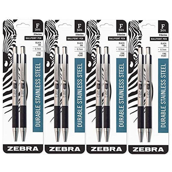Zebra F-301 Ballpoint Retractable Pen, Black Ink, Fine Point Tip, 8 Pens per Pack Refillable Pens with Refill 0.7 mm Stainless Steel