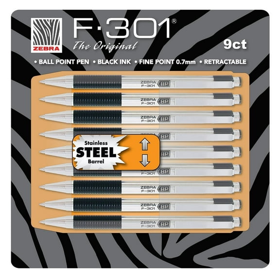 Zebra F-301 Ballpoint Retractable Pen, Black Ink, Fine Point Tip, 9 Pens per Pack Refillable Pens wi