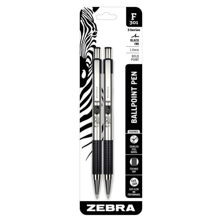 F-301 Ballpoint Stainless Steel Retractable Pen, Bold Point, 1.6mm, Black Ink, 2-Count