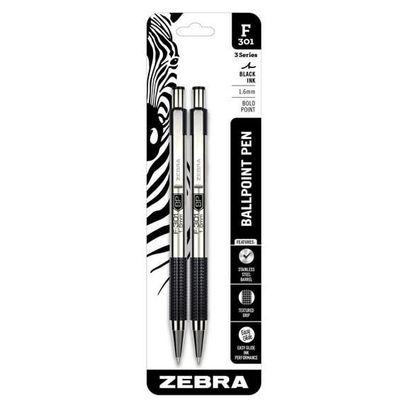 F-301 Ballpoint Stainless Steel Retractable Pen, Bold Point, 1.6mm, Black Ink, 2-Count