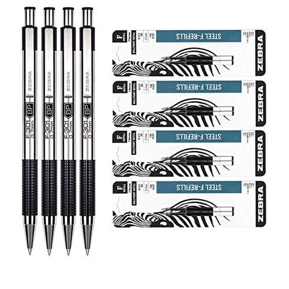 Zebra F-301 Ballpoint Stainless Steel Retractable Pen, Fine Point, 0.7mm, Black Ink, 4-Count Bundle with 0.7 mm, Fine Point, Black, 4 Pack, 8 Refills