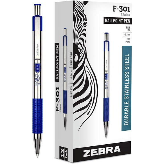 Zebra F-301 Stainless Steel Retractable Ballpoint Pen, Fine Point, 0.7mm, Blue Ink, 12-Ct