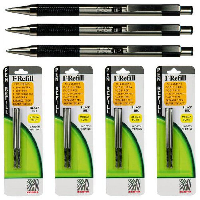 Zebra F301 Pens with Refills, Black Ink, 1.0mm Medium Point, 7piece