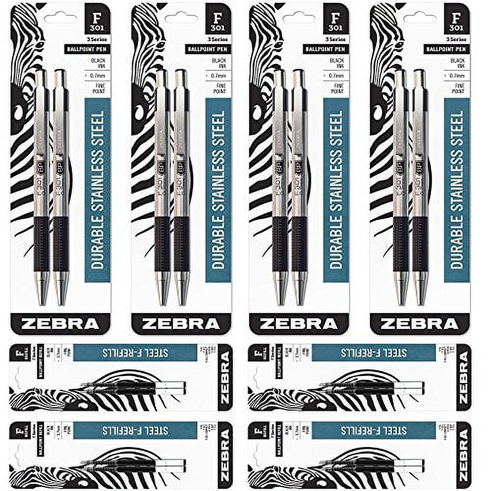 Zebra F301 Stainless Steel Retractable Ballpoint Pen, 0.7mm, Black, 8