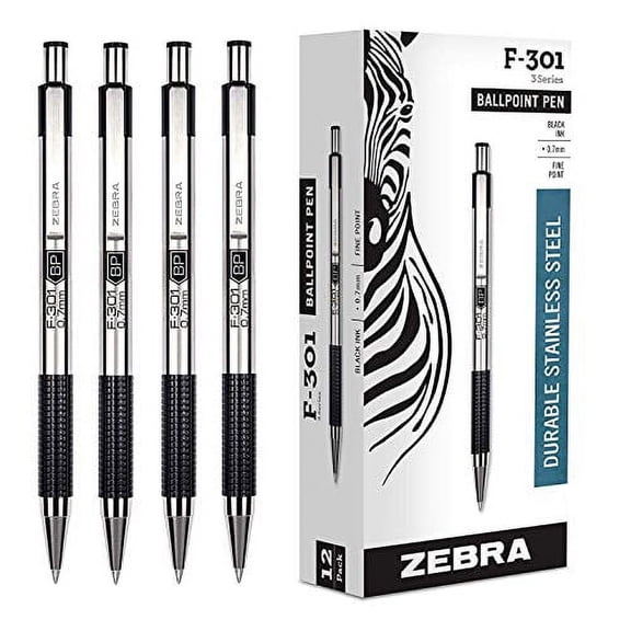Zebra F-301 Stainless Steel Retractable Ballpoint Pen (Pack of 16, Black)