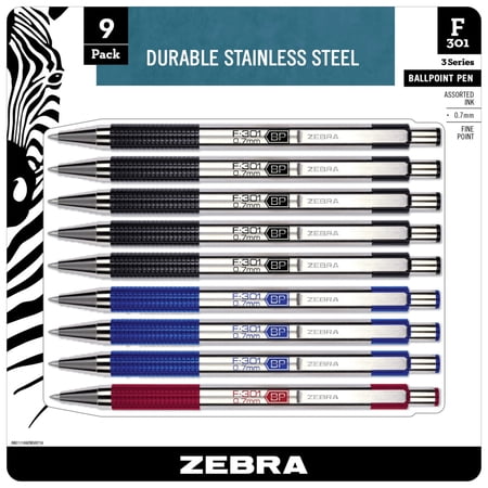 Zebra F-301 ballpoint stainless steel retractable pen, 0.7mm, Assorted Ink, 9-Pack