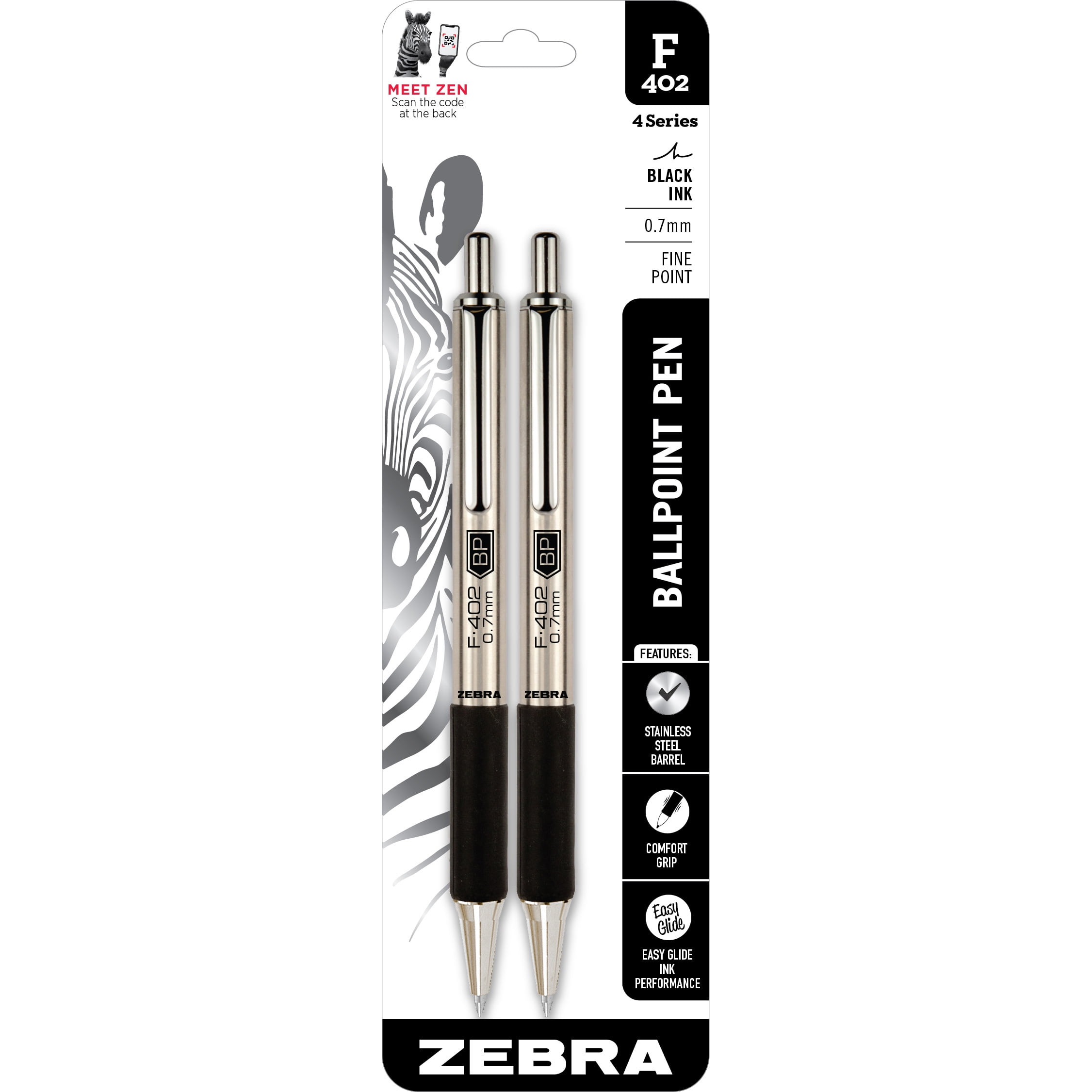 ZEBRA PEN F-402 Ballpoint Stainless Steel Retractable Pen, 0.7mm, Black Ink