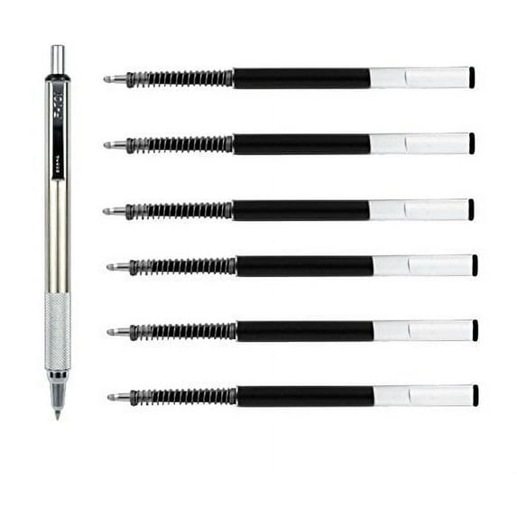 Zebra F-701 Stainless Steel Ballpoint Retractable Pen & Ballpoint F-Refills, Black Ink, 1 Pen & 6 Refills