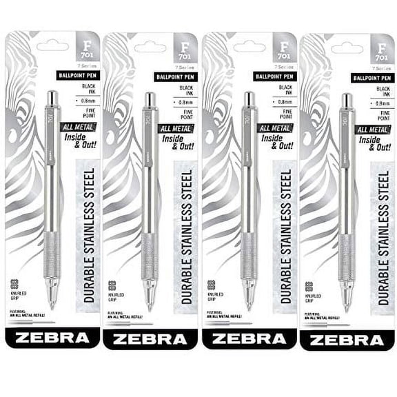 Zebra F-701 Stainless Steel Ballpoint Retractable Pen, Black Ink, Fine Point, 4 Pack (29411)