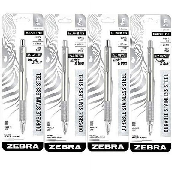 Zebra F-701 Stainless Steel Ballpoint Retractable Pen, Black Ink, Fine Point, 4 Pack (29411)