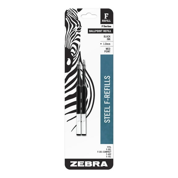 Zebra F-Series Ballpoint Stainless Steel Pen Refill, Medium Point, 1.0mm, Black Ink, 2-Count