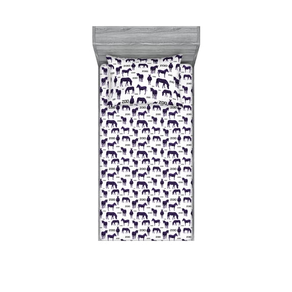 Zebra Fitted Sheet & Pillow Sham Set, Silhouette of African Animals in Purplish Colors with Zoo Lettering Modern, Decorative Printed 2 Piece Bedding Decor, Twinxl, Violet Charcoal Grey, by Ambesonne