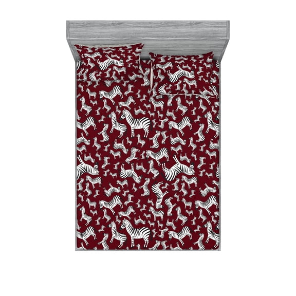 Zebra Fitted Sheet & Pillow Sham Set, Wild Nature Animal Illustration Pattern Neutral Colors Boho Vibes Print, Decorative Printed 3 Piece Bedding Decor, Queen, Raspberry and White, by Ambesonne