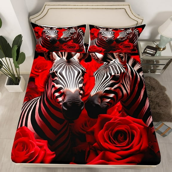 Zebra Fitted Sheet Red Rose Flowers Bed Sheets Queen,Black and White Stripes Sheets Animals Bedding Set,Kawaii Room Decor(No Top Sheet)