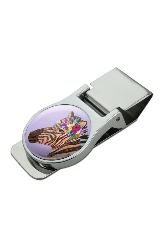 Zebra Flower Floral Hair Satin Chrome Plated Metal Money Clip