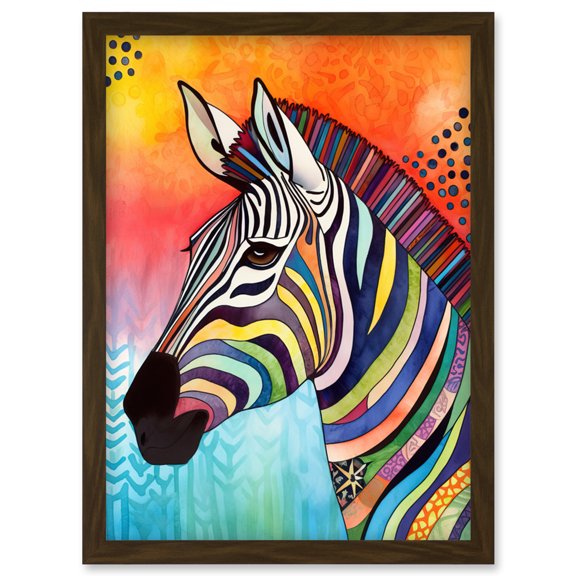Zebra Folk Art Bright Multicoloured Artwork Framed Wall Art Print A4
