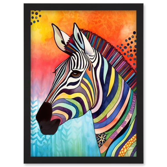 Zebra Folk Art Bright Multicoloured Artwork Framed Wall Art Print A4