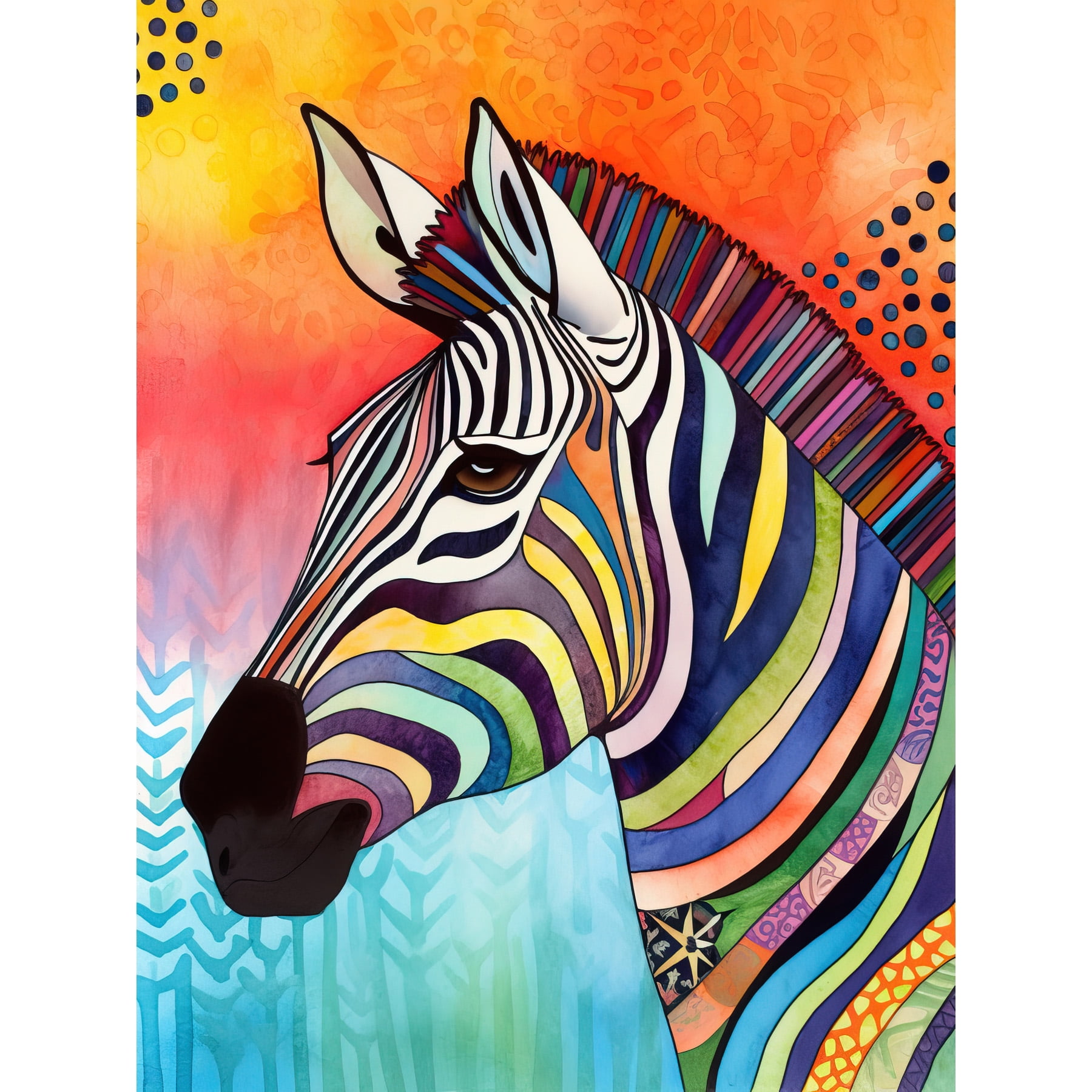 Zebra Folk Art Bright Multicoloured Extra Large XL Wall Art Poster