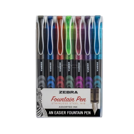 Zebra Fountain Pen, Fine Point, 0.6mm, Assorted Colors, Non-Toxic Ink, 7-Count, Model Number: 48307