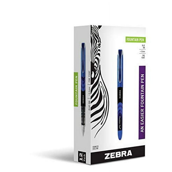 Zebra Fountain Pen, Fine Point, 0.6mm, Blue, Non-Toxic Ink, 12-Count