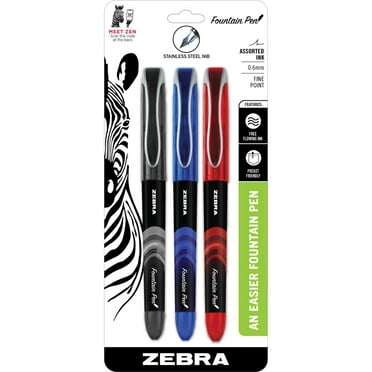 Zebra Fountain Pen Set, 0.6mm Fine Point, Assorted Colors, Non-Toxic Ink, 3-Count