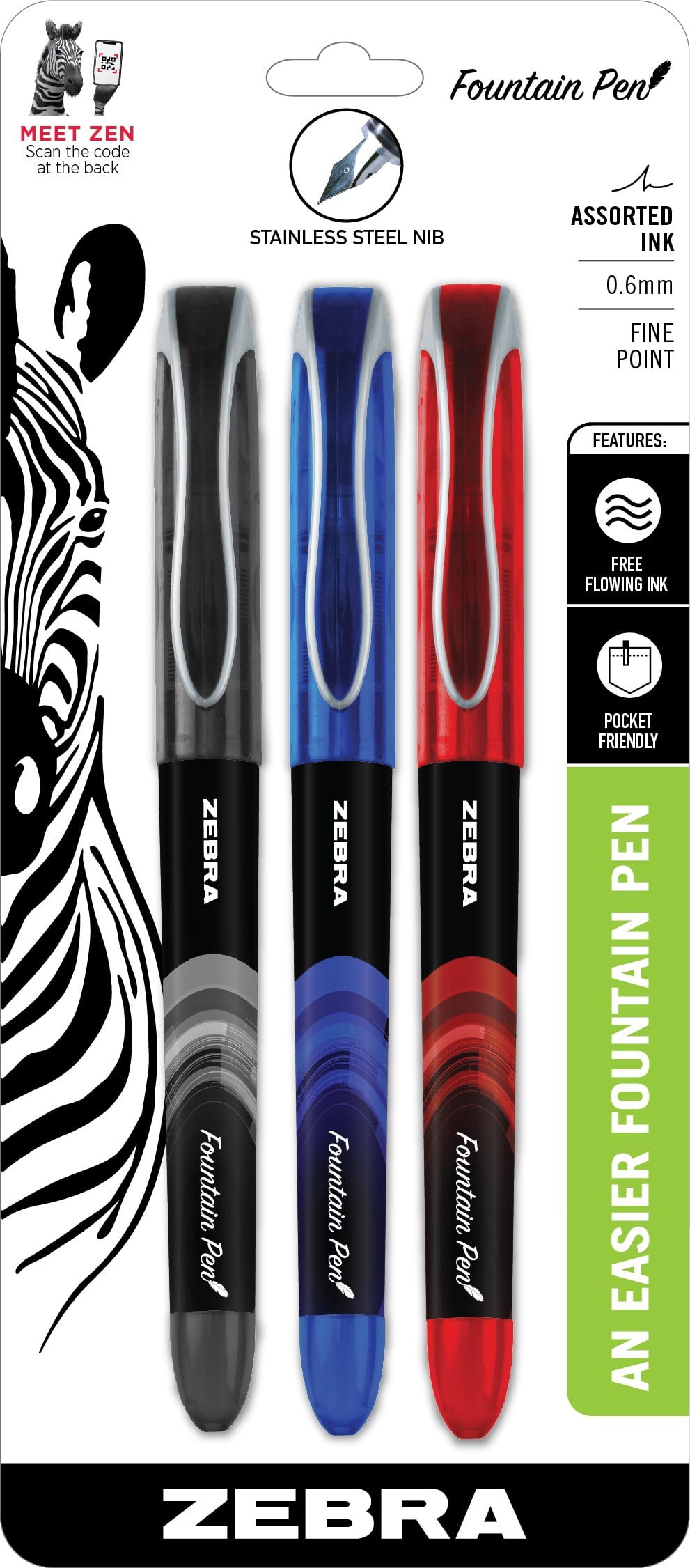 Zebra Pen Fountain Pen Set, Fine Point, 0.6mm, Assorted Ink Colors, 3-Count