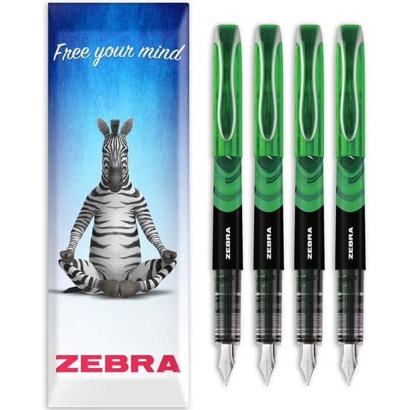 Zebra Fuente - Disposable Fountain Pen - 1.0mm Fine Nib 0.6mm Line Width - Wallet of 4 - Green