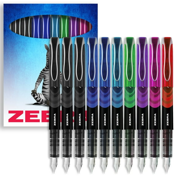 Zebra Fuente - Disposable Fountain Pen - Black, Blue, Red, Green, Violet Coloured Ink - Pack of 10