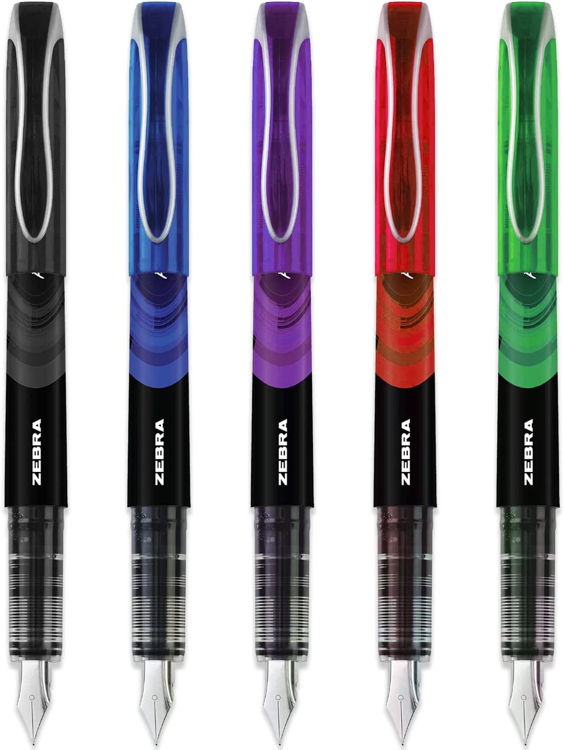 Zebra Fuente - Disposable Fountain Pen - Black, Blue, Red, Green, and Violet Ink - Pack of 5