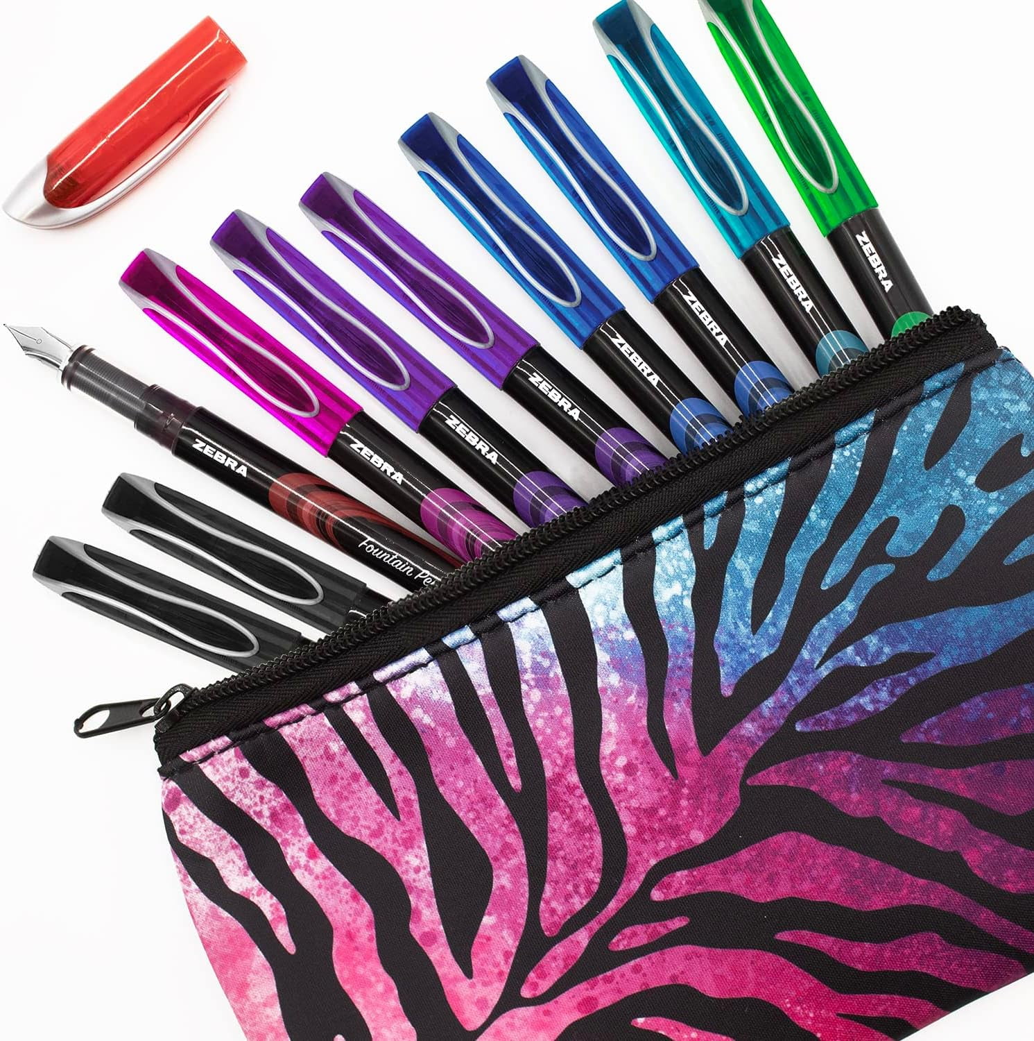 Zebra Fuente - Disposable Fountain Pen - Coloured Ink - Pack of 10 - Includes Pink/Blue Striped Pencil Case