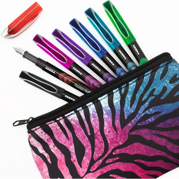 Zebra Fuente - Disposable Fountain Pen - One of Each Color - Pack of 7 - Includes Pink/Blue Striped Pencil Case