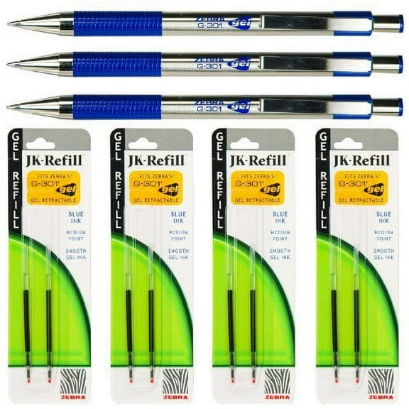 Zebra G-301 Gel Pens with Refills, Blue Gel Ink, 0.7mm Medium Point, 7-piece Set