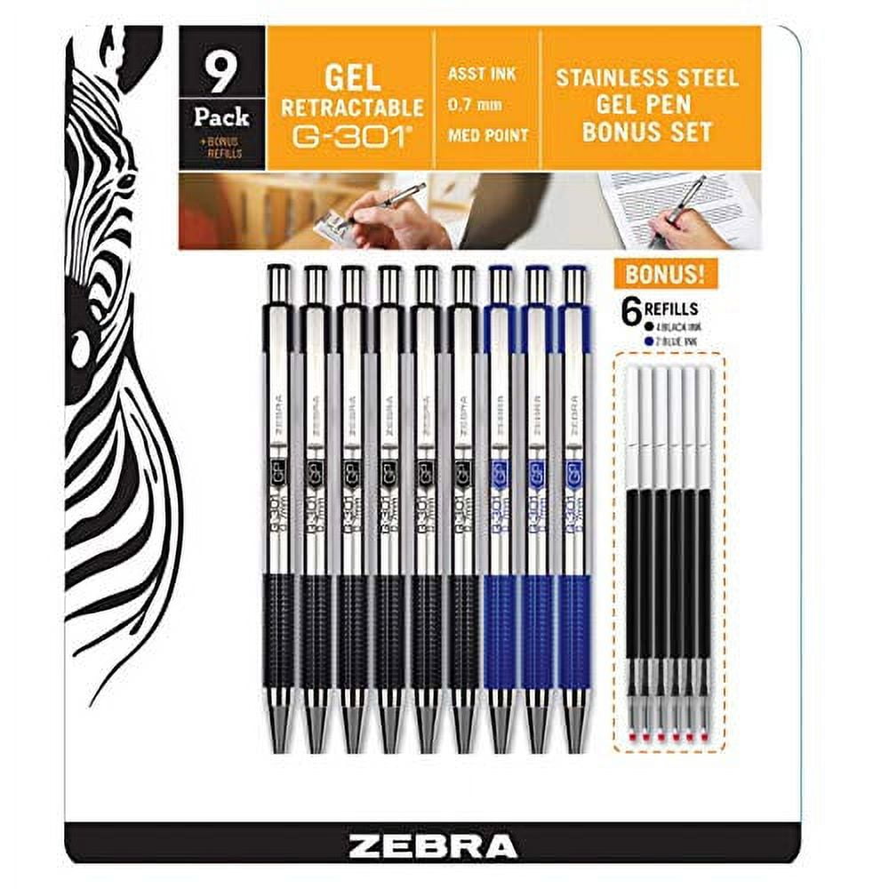 Zebra G301 Steel Retractable Gel Pen with 0.7mm Medium Point, 9 per
