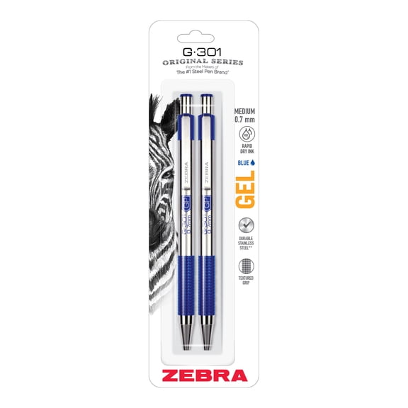 Zebra G-301 gel retractable pen, 0.7mm, blue ink, 2-pack
