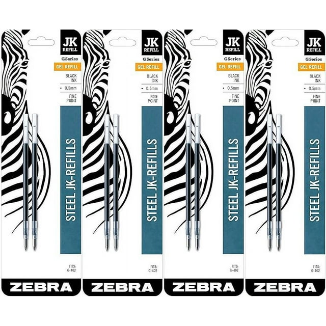 Zebra G402 Stainless Steel Pen JKRefill, Fine Point, 0.5mm, Black Ink, 8Count