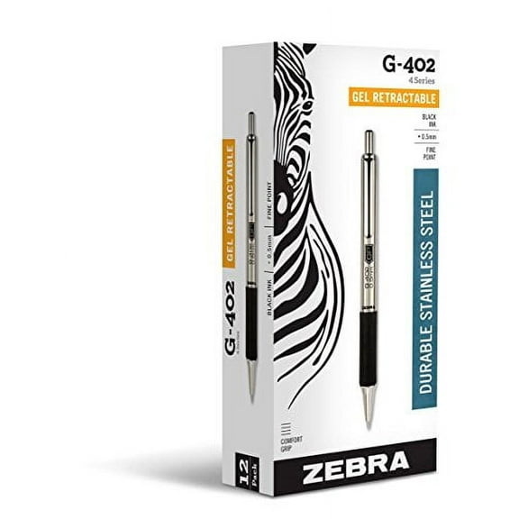 Zebra G-402 Stainless Steel Retractable Gel Pen, Fine Point, 0.5mm, Black Ink, 12-Count