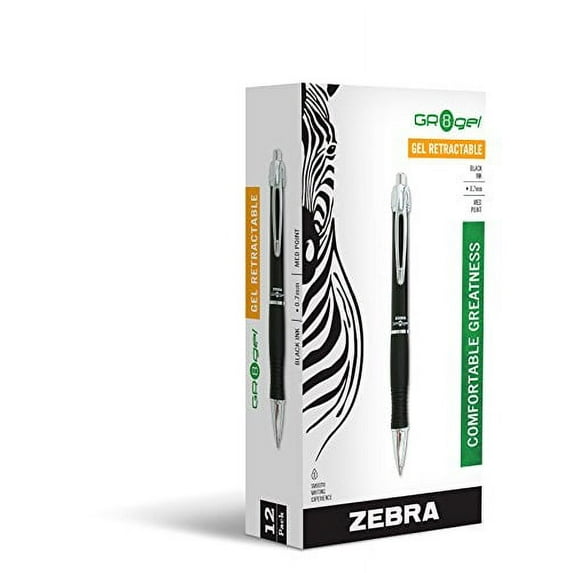 Zebra GR8 Retractable Gel Pen, Medium Point, 0.7mm, Black Barrel, Acid-Free Black Ink, 12-Count
