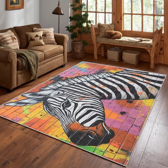 Zebra Graffiti Area Rug, Street Art Brick Pattern Carpet, Washable Non Slip Low Pile Soft Thin, Living Room Bedroom Study Office Entrance Home Decor Mat 5x8ft