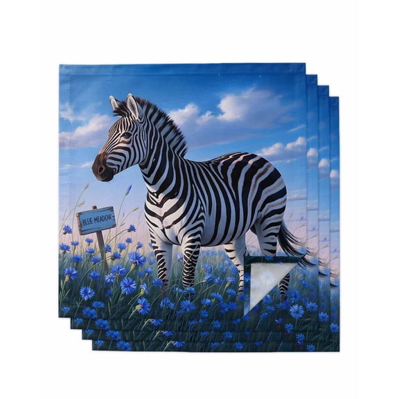 Zebra Grassland Cloth Napkins Set of 4 Reusable Dinner Napkins, Blue Wildflowers Sky Natural Scenery Cocktail Napkin Washable Table Napkins for Wedding/Holiday Party/Baby Shower 20"x20"