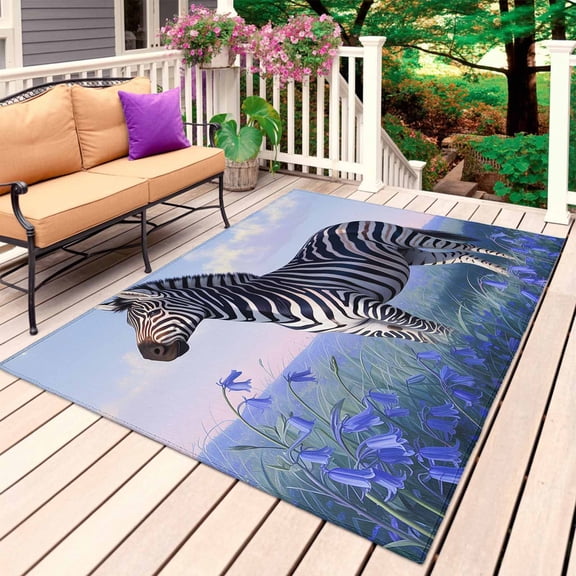 Zebra Grassland Outdoor Rug 3x5 Ft, Non Slip Washable Area Rug, Purple Wildflowers Starry Sky Natural Scenery Patio Rugs Carpet Runner, Large Floor Mat for Indoor/Outdoor Deck Porch Camping