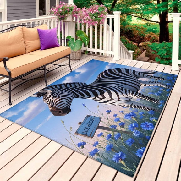 Zebra Grassland Outdoor Rug 6x9 Ft, Non Slip Washable Area Rug, Blue Wildflowers Sky Natural Scenery Patio Rugs Carpet Runner, Large Floor Mat for Indoor/Outdoor Deck Porch Camping