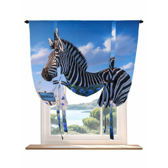 Zebra Grassland Tie Up Curtains for Windows 45 Inch Length Balloon Curtains Kitchen Adjustable Balloon Window Shade Blue Wildflowers Sky Natural Scenery Tie Up Valance Bathroom Curtain Window 52"x45"