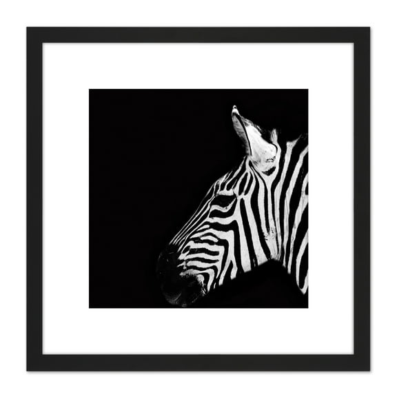Zebra Head Animal Black White Photo 8X8 Inch Square Wooden Framed Wall Art Print Picture with Mount