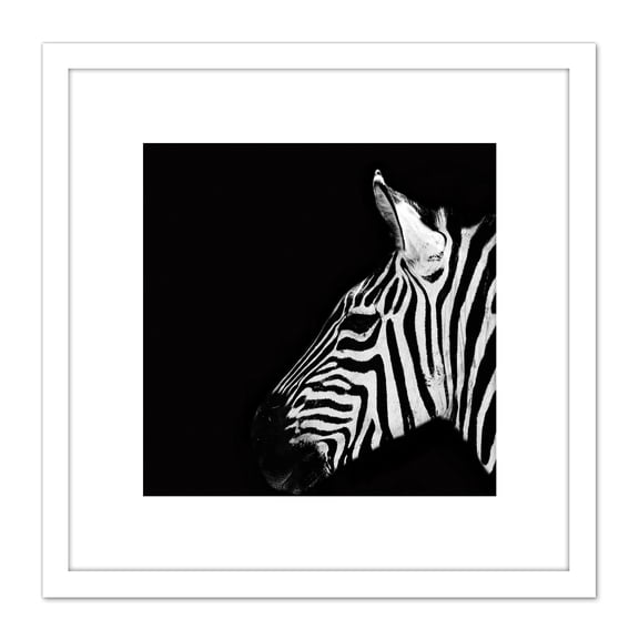 Zebra Head Animal Black White Photo 8X8 Inch Square Wooden Framed Wall Art Print Picture with Mount