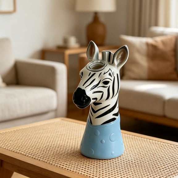 Zebra Head Resin Flower Vase, Cartoon Animal Bust Decorative Planter, Light Blue Base Zebra Sculpture Table Vase for Living Room Bedroom Shelf Home Decor