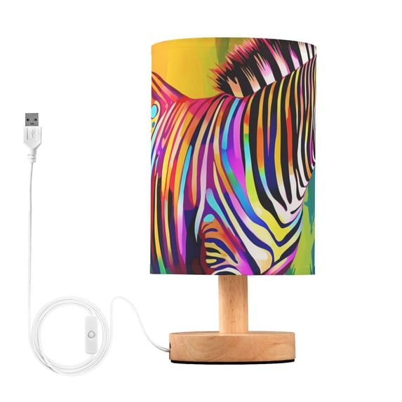 Zebra Horse Colorful Table Lamp USB Bedside Desk Nightstand Lamp Printed Gifts Small Lamp Wood Base for Bedroom Living Room Kids Room College Dorm