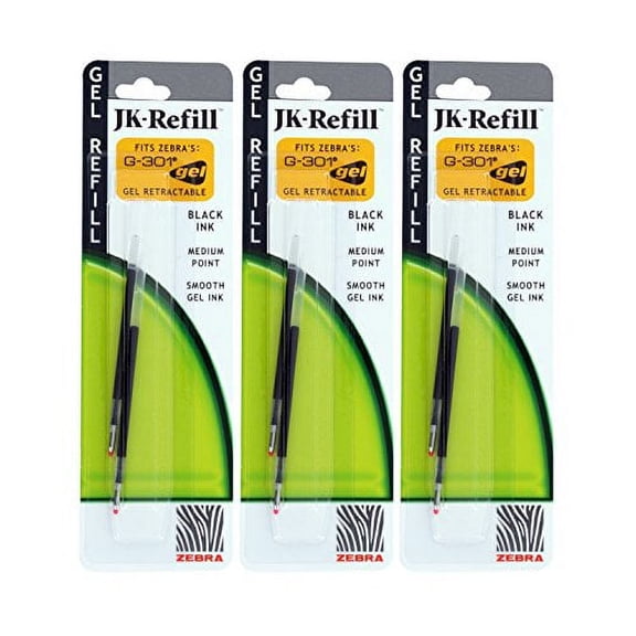 Zebra JK-Refll G301 Retractable Ballpoint Pen Refills, 0.7mm, Medium Point, Black Ink, Pack of 6