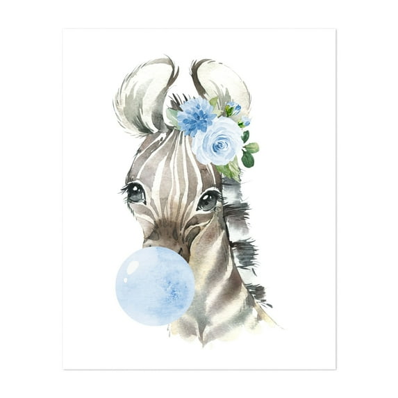 Zebra, Jungle Animals, Safari Animals, Bubble Gum, Blue Flowers, Boy Nursery - Illustration Watercolor Animal Floral Whimsical Humor Wildlife Unframed Wall Art Print 24 x 30 inches