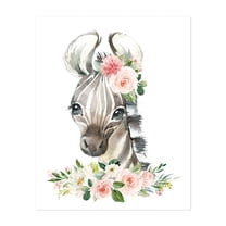 Zebra, Jungle Animals, Safari Animals, Pink Flowers, Girl Nursery - Illustration Watercolor Floral Animal Botanical Whimsical Unframed Wall Art Print 6 x 8 inches